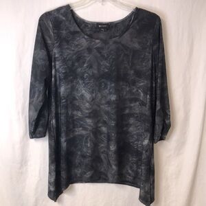 Ab Studio Women’s Tunic Top XL Black Gray Decorative Stitching Ruched 3/4 Sleeve